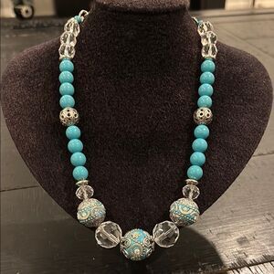 Glass Pattern Bead Graduated Turquoise Blue Chunky Beaded Necklace Native​​​